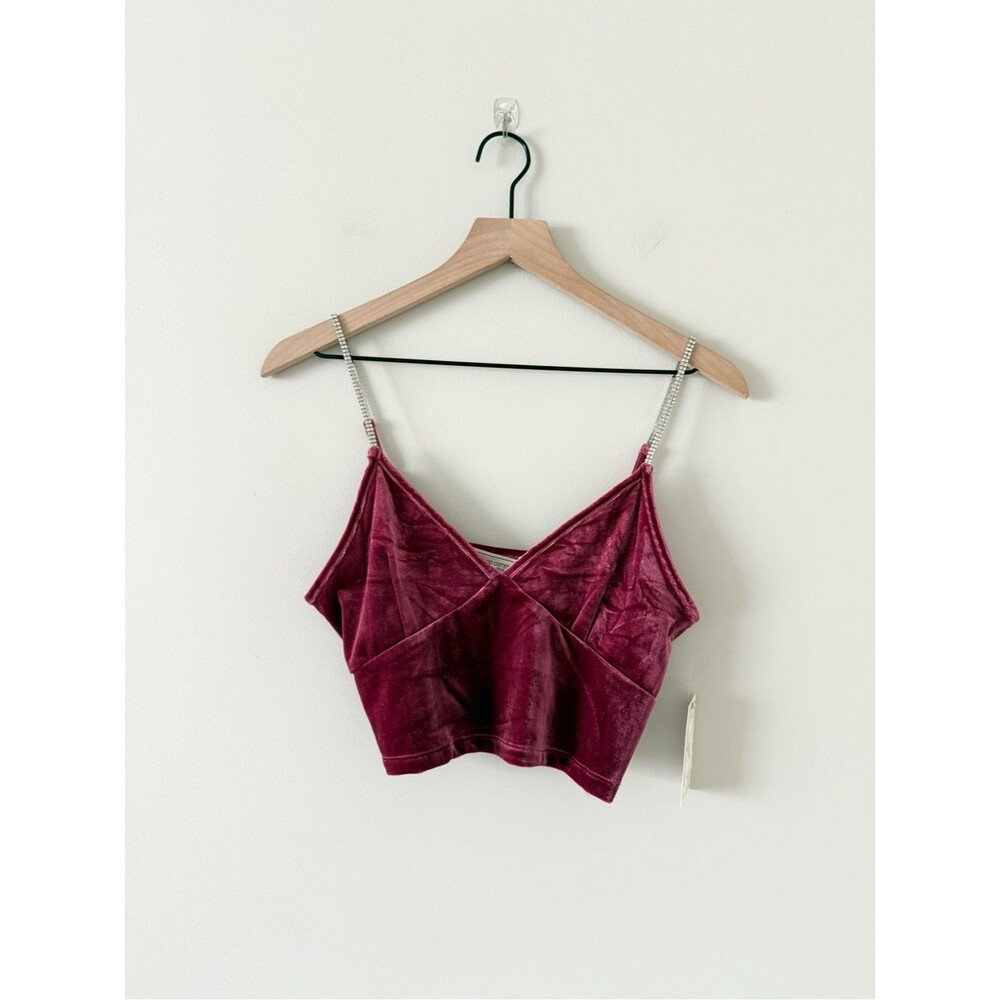 NWT No Comment Velvet Rhinestone Strap Cropped Cami in Burgundy Size L